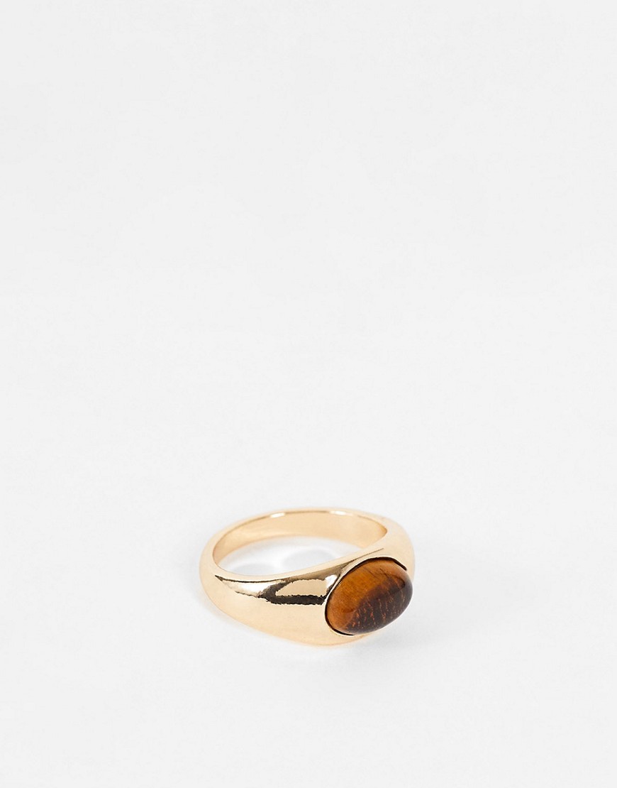 ASOS DESIGN slim oval signet ring with tigers eye stone in gold tone