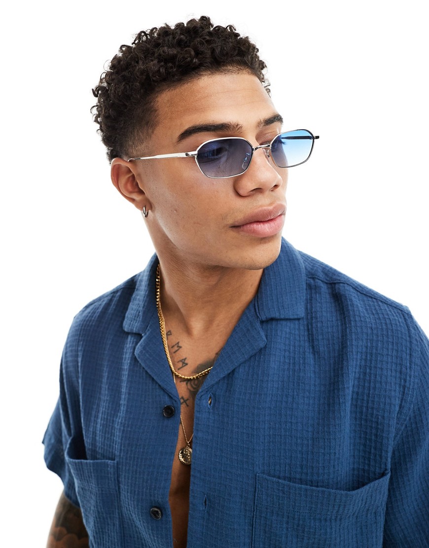 Asos Design Slim Oval Sunglasses In Silver With Blue Lens
