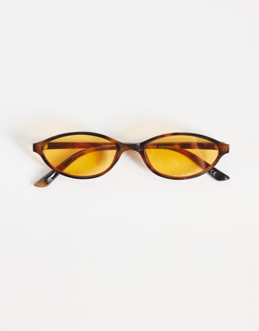 ASOS DESIGN slim oval sunglasses in tort with yellow lens, 3 of 3
