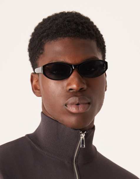 ASOS DESIGN slim oval sunglasses with black lens and black frame - view 1