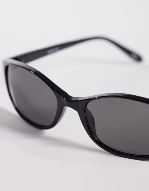 ASOS DESIGN slim oval wrap sunglasses in black with black lenses, 2 of 3
