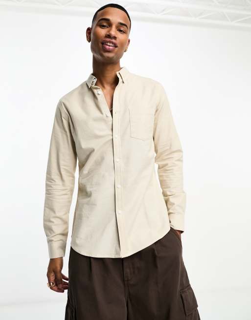 ASOS DESIGN slim oxford shirt in neutral