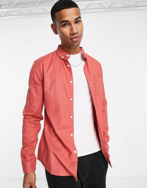 ASOS DESIGN slim oxford shirt in washed red | ASOS