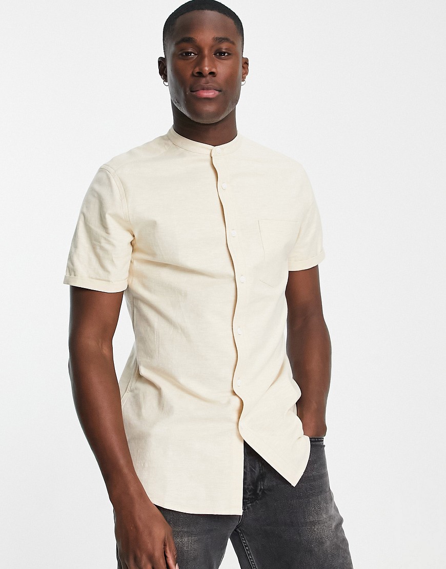 Asos Design Slim Oxford Shirt With Band Collar In Light Beige Yarn Dye-neutral