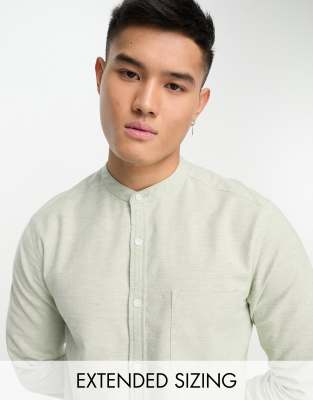 slim oxford shirt with band collar in mint yarn dye-Green