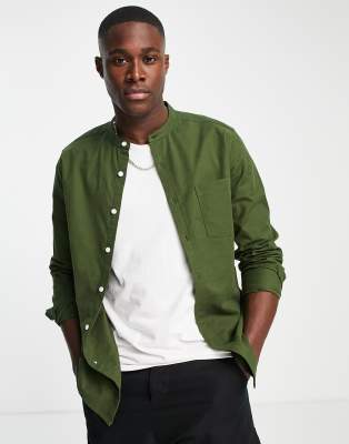 ASOS DESIGN slim oxford shirt with grandad collar in dark khaki