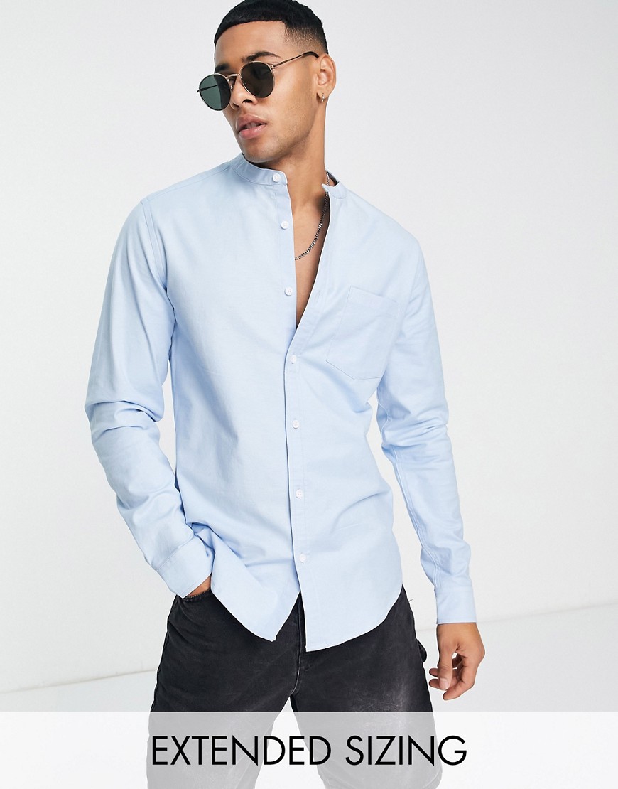 ASOS DESIGN slim oxford shirt with grandad collar in light blue yarn dye