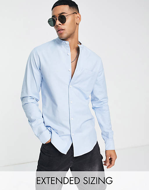 ASOS DESIGN slim oxford shirt with grandad collar in light blue yarn ...