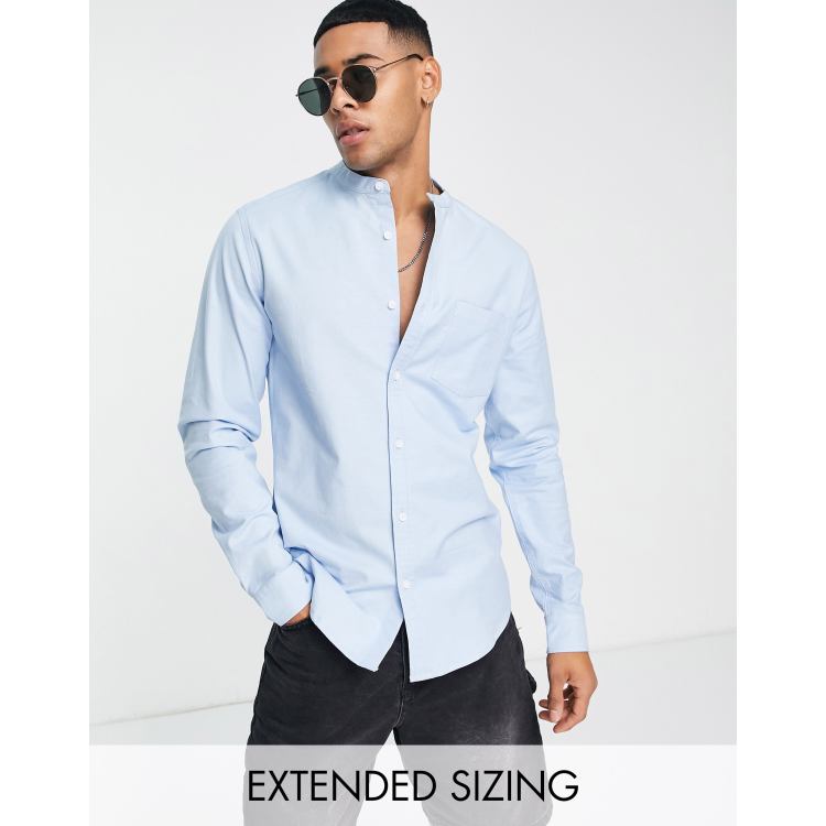 ASOS DESIGN slim oxford shirt with grandad collar in light blue yarn