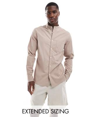 Asos Design Slim Oxford Shirt With Grandad Collar In Light Pink