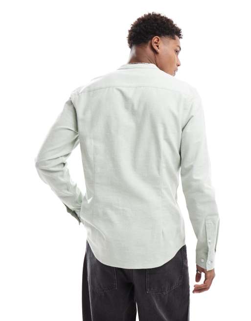 ASOS DESIGN slim oxford shirt with grandad collar in mint green, 2 of 4