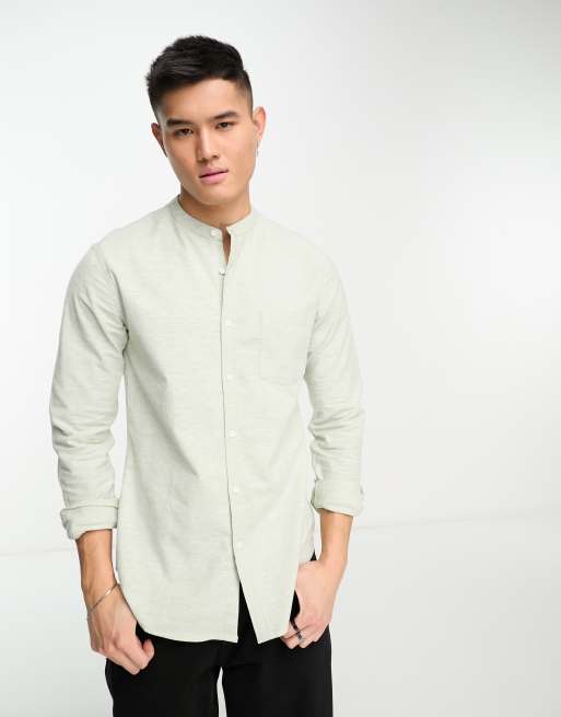 ASOS DESIGN slim oxford shirt with grandad collar in mint yarn dye