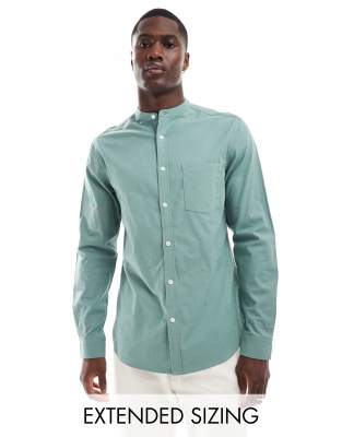 Asos Design Slim Oxford Shirt With Grandad Collar In Sage Green