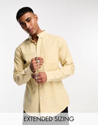 ASOS DESIGN slim oxford shirt with grandad collar in sand yarn dye-Neutral