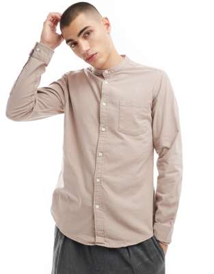 ASOS DESIGN slim oxford shirt with grandad collar in stone-Pink