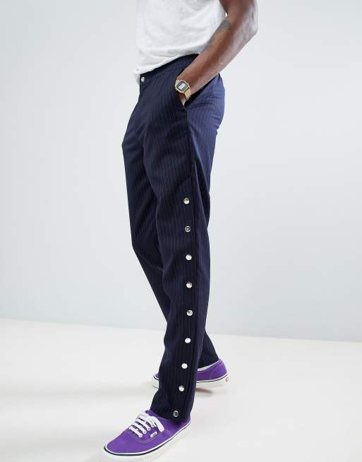 ASOS DESIGN Slim Pants Co-Ord In Navy Pinstripe With Poppers