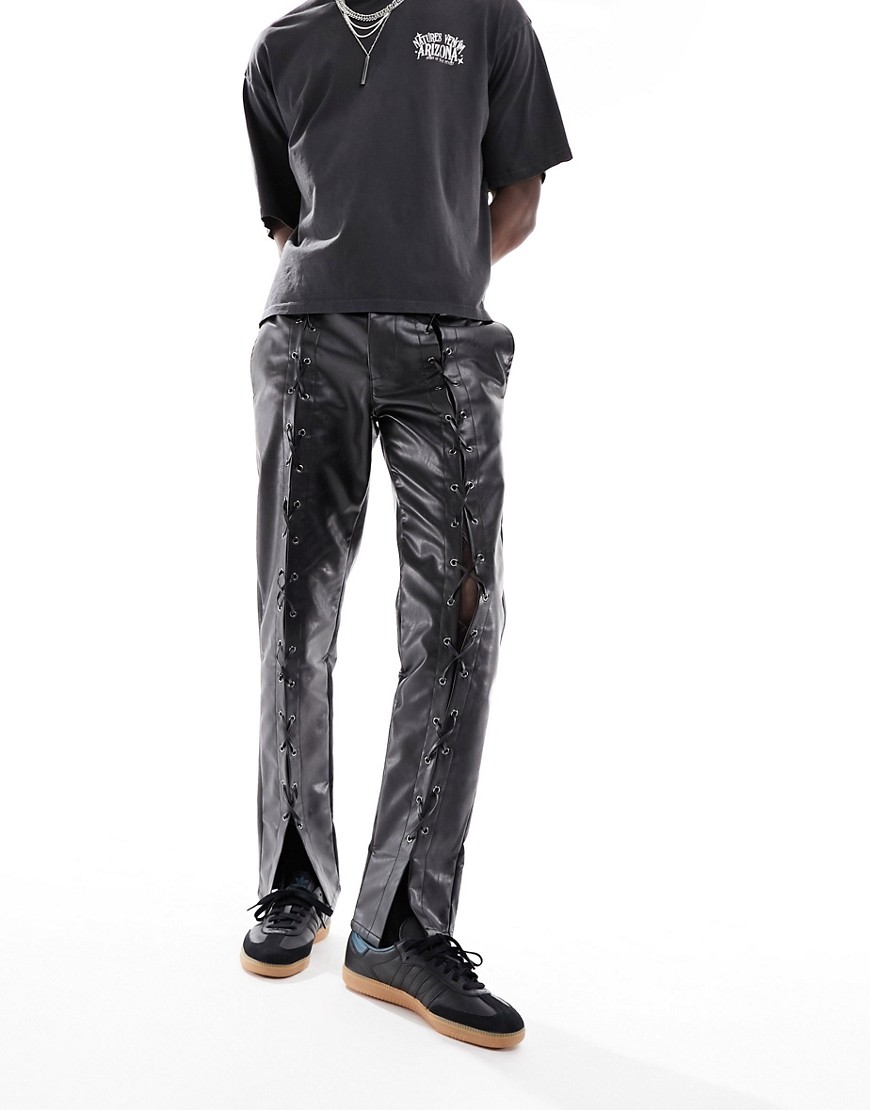 slim pants in leather look with front lace up detail in black