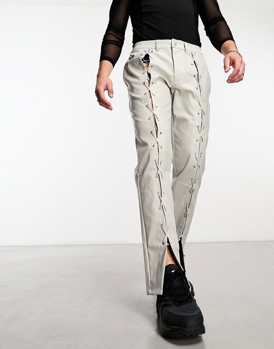 slim pants in leather look with front lace up detail in gray