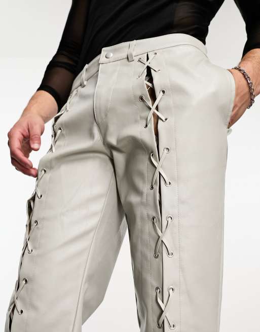 ASOS DESIGN slim pants in leather look with front lace up detail in gray