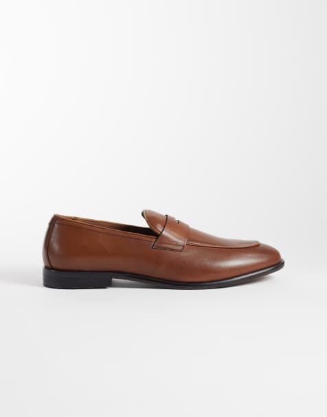 ASOS DESIGN slim penny loafers in tan leather - view 1