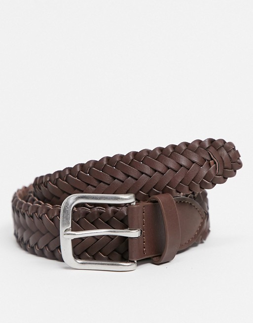 ASOS DESIGN slim plaited belt in dark brown faux leather