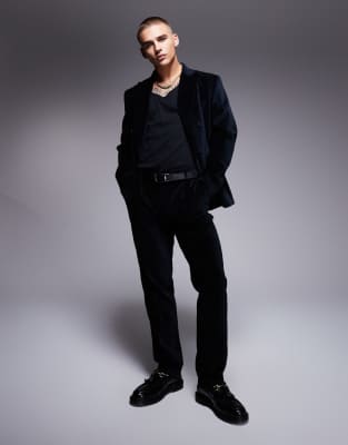 slim pleat front suit pants in black cotton velvet