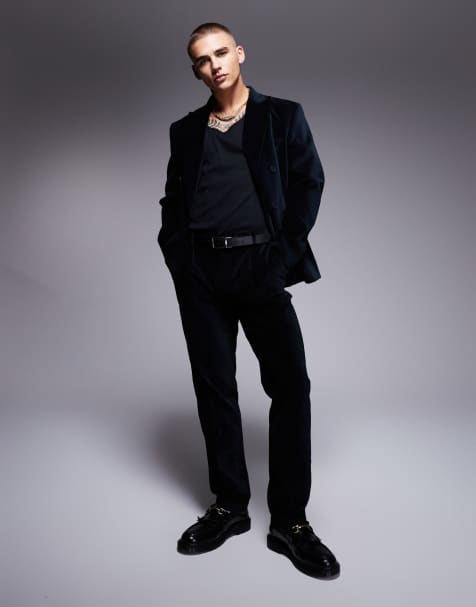 ASOS DESIGN slim pleat front suit pants in black cotton velvet - view 1