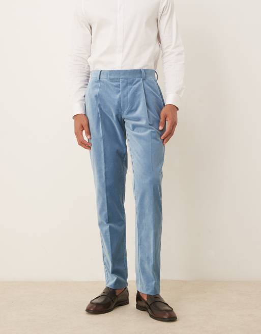 ASOS DESIGN slim pleat front suit pants in light blue cotton velvet