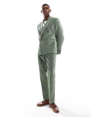 slim pleat front suit pants in sage green cotton velvet