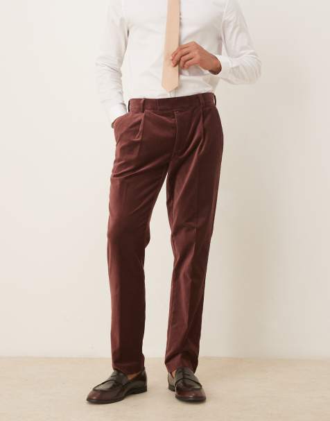 ASOS DESIGN slim pleat front suit trousers in dark brown cotton velvet - view 1