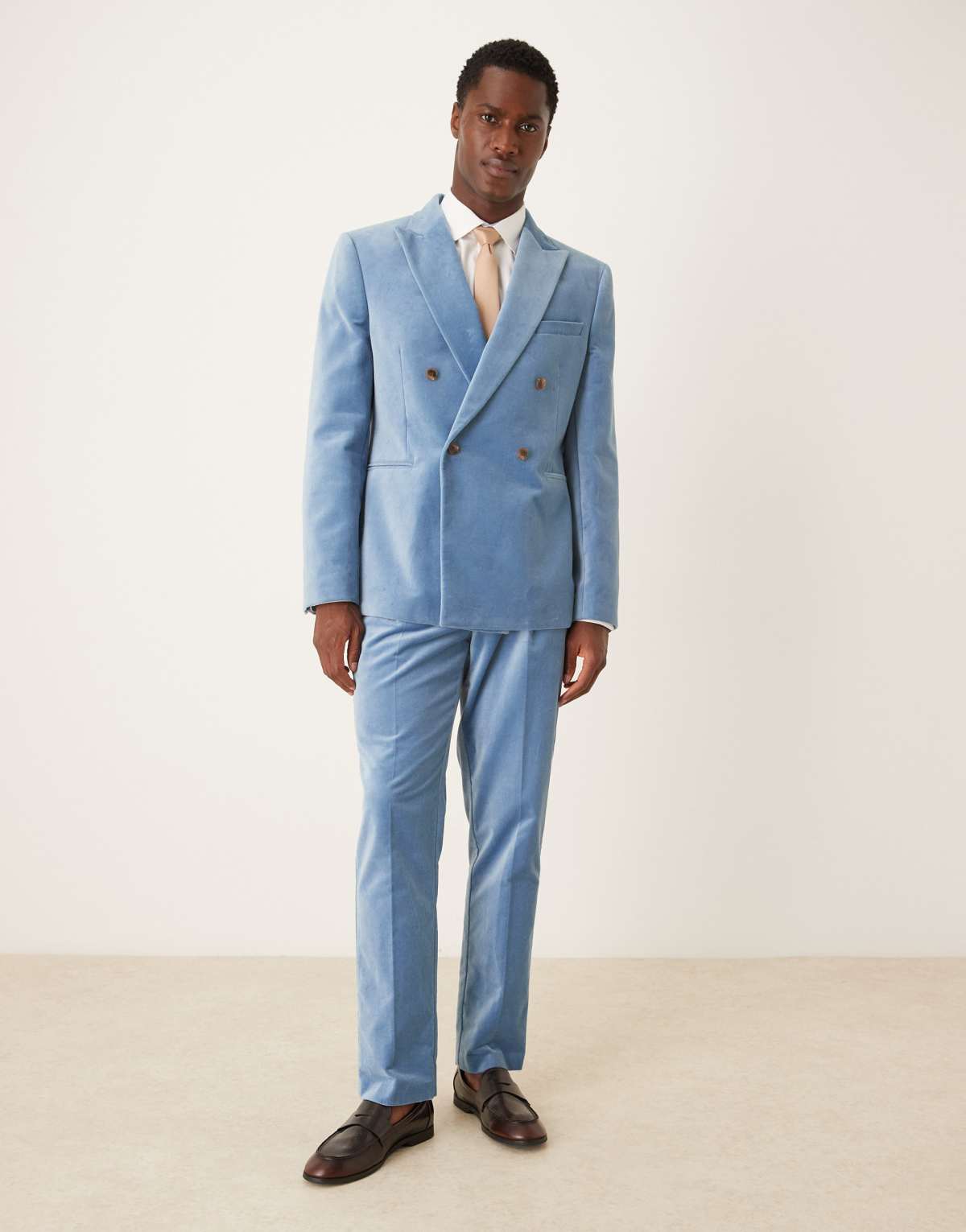 ASOS DESIGN slim pleat front suit trousers in light blue cotton velvet