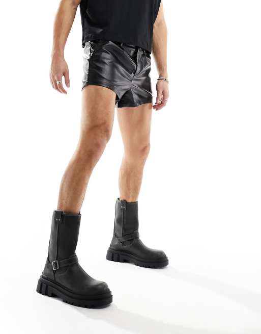 ASOS DESIGN slim shorts in extremeshorter length in black leather look