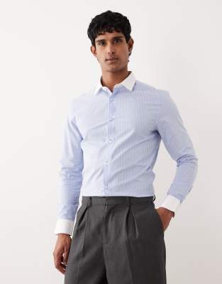 Asos Design Slim Poplin Stripe Shirt With Contrast Collar In Blue