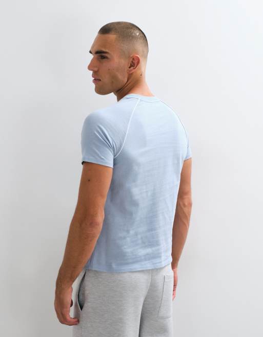 ASOS DESIGN slim raglan t-shirt in blue with white contrast piping, 3 of 5