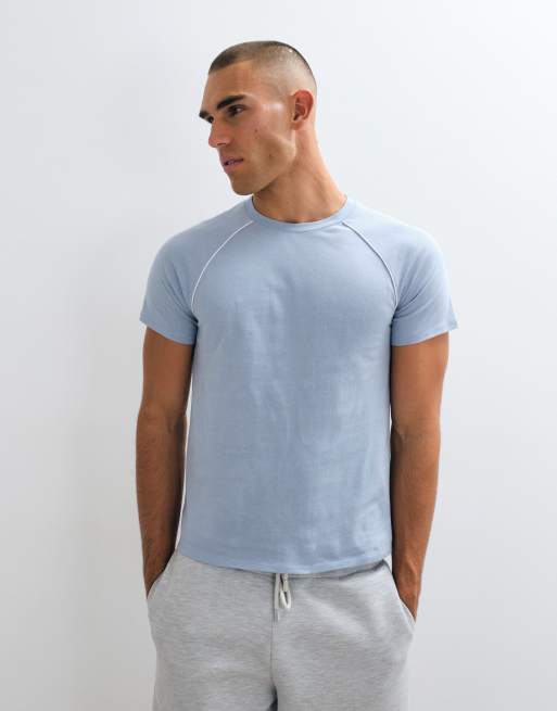 ASOS DESIGN slim raglan t-shirt in blue with white contrast piping, 5 of 5