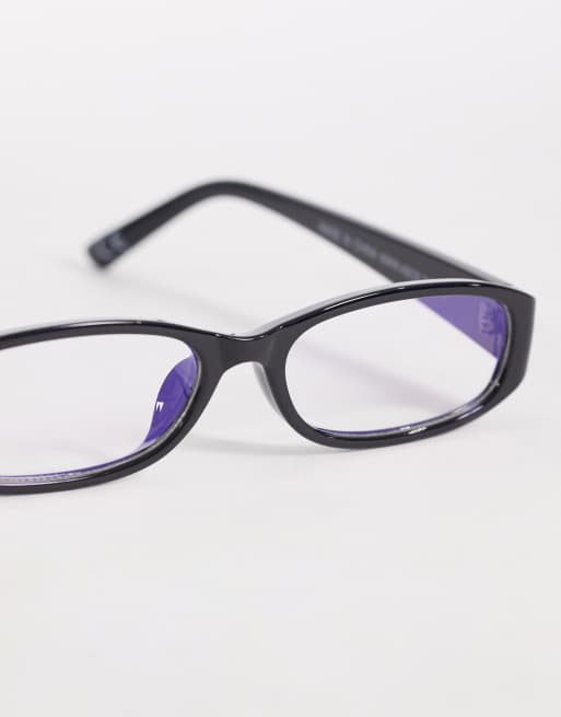 ASOS DESIGN slim rectangle clear lens glasses in black frame , 2 of 3