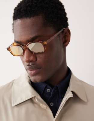 ASOS DESIGN ASOS DESIGN slim rectangle reflective sunglasses in tortoise shell with yellow lens-Brown