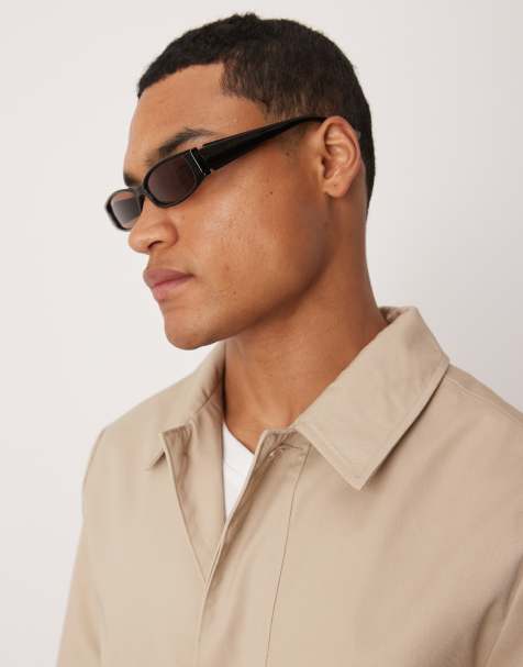ASOS DESIGN slim rectangle sunglasses in black with brown lens - view 1