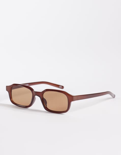 ASOS DESIGN slim rectangle sunglasses in burgundy with brown lens - view 1