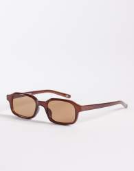 ASOS DESIGN slim rectangle sunglasses in burgundy with brown lens