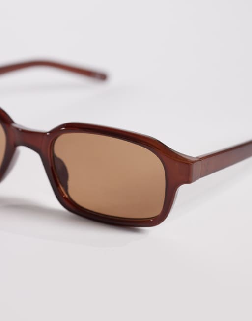 ASOS DESIGN slim rectangle sunglasses in burgundy with brown lens, 2 of 3
