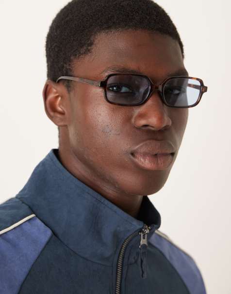 ASOS DESIGN slim rectangle sunglasses with blue lens and tortoise shell frame - view 1