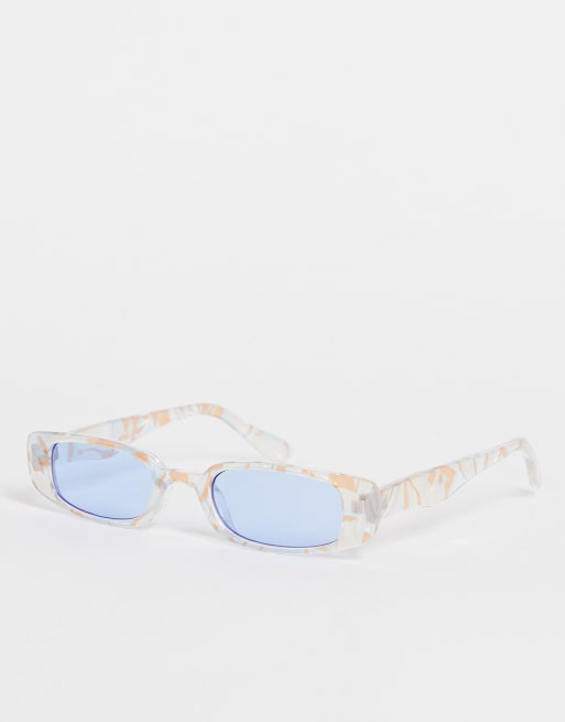 ASOS DESIGN slim rectangle sunglasses with blue lens in pastel marble effect