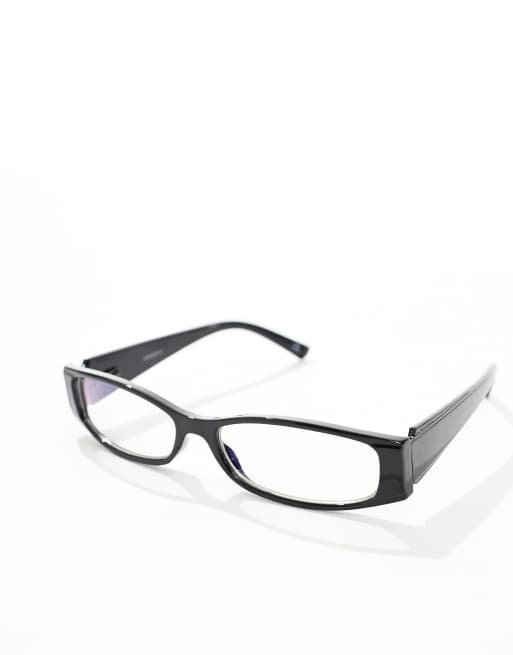 ASOS DESIGN slim rectangle sunglasses with blue light lens in black, 2 of 4