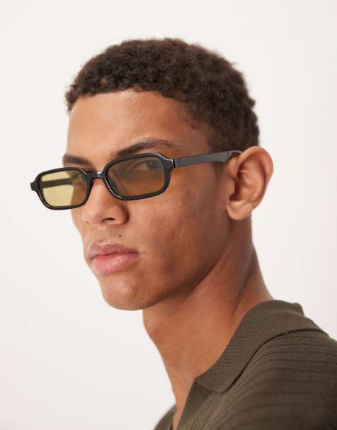 ASOS DESIGN slim rectangle sunglasses with olive lens and black frame - view 1