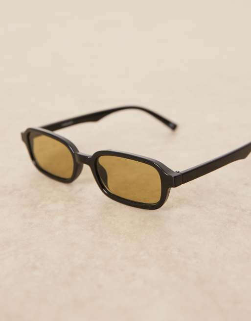 ASOS DESIGN slim rectangle sunglasses with olive lens and black frame