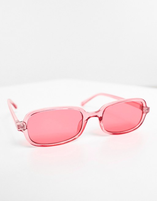 ASOS DESIGN slim rectangle sunglasses with pink lens in crystal pink