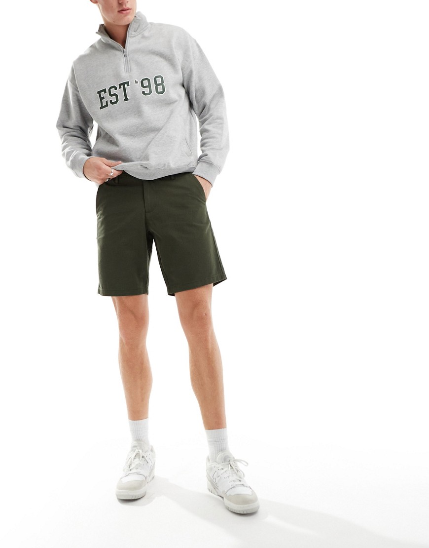 Asos Design Slim Regular Length Chino Shorts In Olive With Elasticized Waist-green