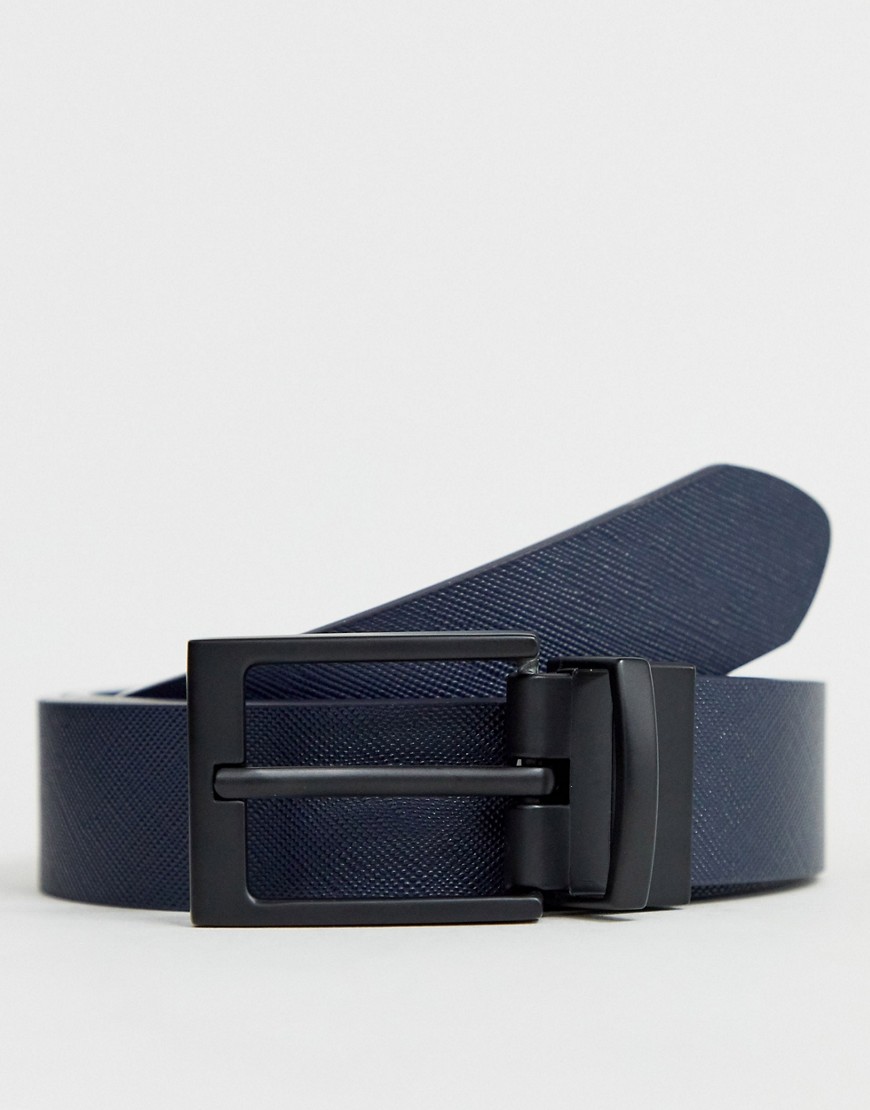 ASOS DESIGN slim reversible belt in black and navy faux leather saffiano emboss