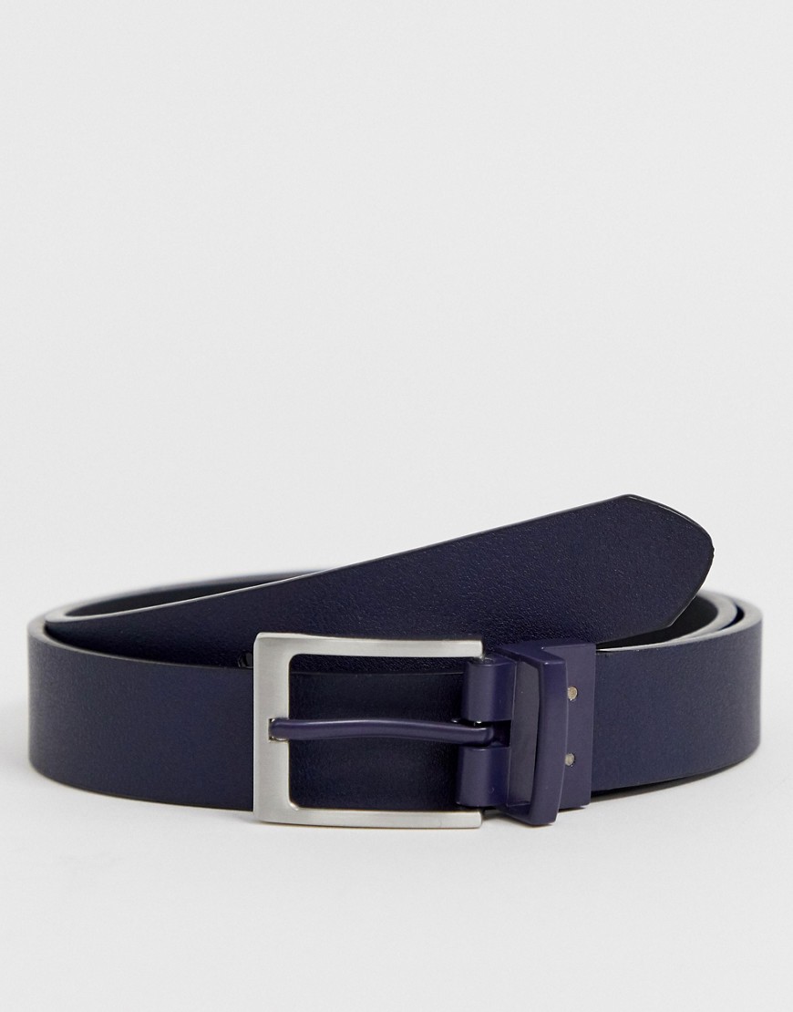 ASOS DESIGN slim reversible belt in black and navy faux leather with silver buckle